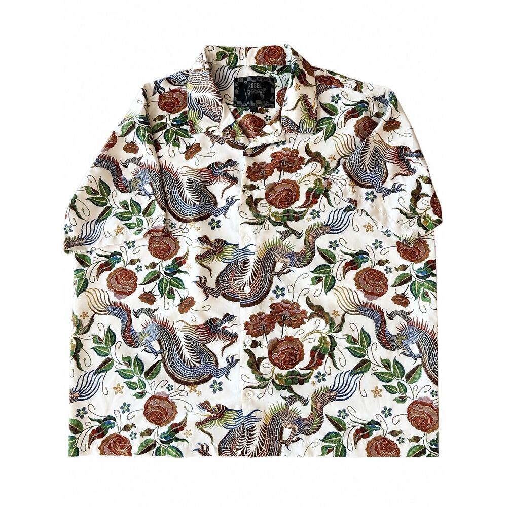 Rebel Heritage Men’s XXL Dragon Floral Button Up Shirt Camp Collar Short Sleeve